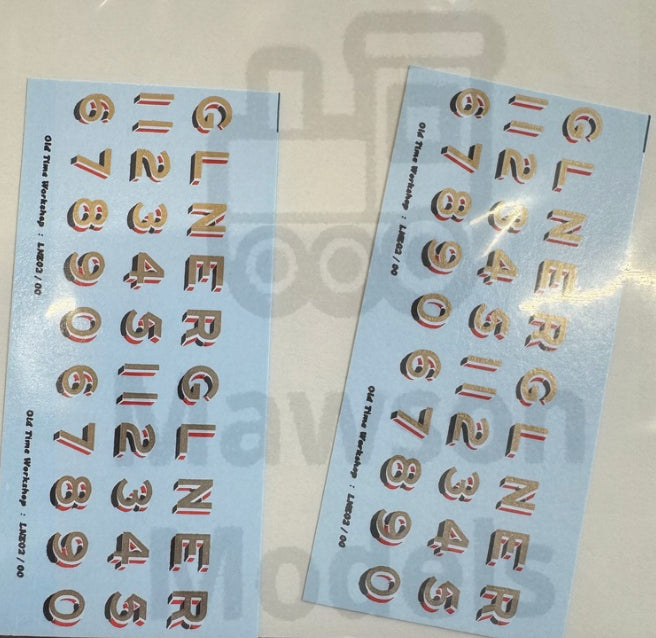 OTW LNE01/00 LNER lettering and numerals water transfer decals.